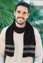 Men wearing a black waffle knit scarf with dark gray stripes and a white trident logo on a black woven tag.