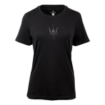 Black women’s T-shirt featuring a glossy Maserati trident logo on the chest.