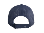 Back of A navy blue structured cap with perforated mid and back panels featuring a gray embroidered Trident logo on the front.