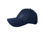 A navy blue structured cap with perforated mid and back panels featuring a gray embroidered Trident logo on the front.