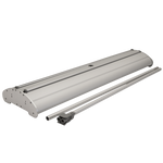 Silver retractable banner stand base with two support poles placed in front.