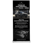 A retractable banner featuring a car image and text that highlights a Pre-Paid Maintenance Program. The banner is black with white and green text and features a digital imprint of a car.