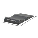 A black 16" wide FlatStoppers car storage ramp with the Maserati logo on the front, and dimensions.