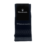 Folded socks with a tire tread pattern and the Maserati logo near the top.