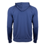 Back of A navy blue men's hoodie with a drawcord hood, featuring ribbed waistband and raglan sleeves, with branding on the lower right sleeve and left chest.