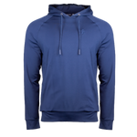 A navy blue men's hoodie with a drawcord hood, featuring ribbed waistband and raglan sleeves, with branding on the lower right sleeve and left chest.