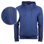 A navy blue men's hoodie with a drawcord hood, featuring ribbed waistband and raglan sleeves, with branding on the lower right sleeve and left chest.