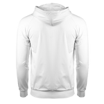Back of white men's hoodie with a drawcord hood, featuring ribbed waistband and raglan sleeves, with branding on the lower right sleeve and left chest.