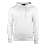 A white men's hoodie with a drawcord hood, featuring ribbed waistband and raglan sleeves, with branding on the lower right sleeve and left chest.