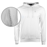 A white men's hoodie with a drawcord hood, featuring ribbed waistband and raglan sleeves, with branding on the lower right sleeve and left chest.