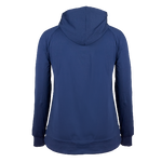Back of a navy blue women's raglan pullover hoodie with drawcord style hood, featuring side slits, a drop tail hem, ribbed waistband, and sleeve cuffs. Embroidery of a Maserati script on the lower right sleeve and a Trident logo on the left chest.