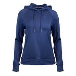 A navy blue women's raglan pullover hoodie with drawcord style hood, featuring side slits, a drop tail hem, ribbed waistband, and sleeve cuffs. Embroidery of a Maserati script on the lower right sleeve and a Trident logo on the left chest.