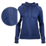 A navy blue women's raglan pullover hoodie with drawcord style hood, featuring side slits, a drop tail hem, ribbed waistband, and sleeve cuffs. Embroidery of a Maserati script on the lower right sleeve and a Trident logo on the left chest.