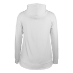 Back of white women's raglan pullover hoodie with drawcord style hood, featuring side slits, a drop tail hem, ribbed waistband, and sleeve cuffs. Embroidery of a Maserati script on the lower right sleeve and a Trident logo on the left chest.
