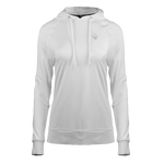 white women's raglan pullover hoodie with drawcord style hood, featuring side slits, a drop tail hem, ribbed waistband, and sleeve cuffs. Embroidery of a Maserati script on the lower right sleeve and a Trident logo on the left chest.