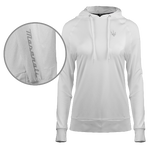 white women's raglan pullover hoodie with drawcord style hood, featuring side slits, a drop tail hem, ribbed waistband, and sleeve cuffs. Embroidery of a Maserati script on the lower right sleeve and a Trident logo on the left chest.