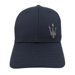 A navy blue structured cap with perforated mid and back panels featuring a gray embroidered Trident logo on the front.