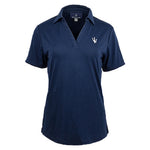 navy blue polo shirt with white contrast sleeve piping and a V-neck collar. The polo features an embroidered logo on the left chest.