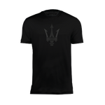 Black unisex T-shirt with a large dark Maserati trident logo printed on the chest.