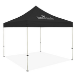 A 10'x10' deluxe tent kit with a black canopy and a steel frame, displayed against a white background.