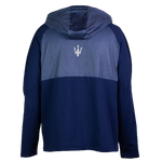 Back of men's navy blue half-zip hoodie with ellipse shaped mesh pattern and a visible brand logo on the back.