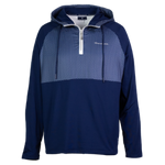 Men's navy blue half-zip hoodie with ellipse shaped mesh pattern and a visible brand logo on the left chest.