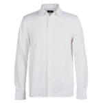 A long sleeve white button-up shirt with custom buttons and embroidery detailing.