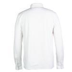 Back of long sleeve white button-up shirt.