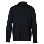 Back of a long sleeve blue button-up shirt with custom buttons and embroidery detailing