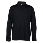 A long sleeve black button-up shirt with custom buttons and embroidery detailing