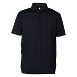 Men's short sleeve button-up shirt in solid color with Maserati debossed custom buttons and a logo on the back nape.