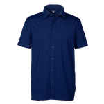 Men's short sleeve button-up shirt in solid color with Maserati debossed custom buttons and a logo on the back nape.