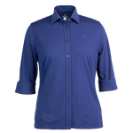 A navy blue, short-sleeved button-up shirt with Maserati debossed custom buttons and a logo on the back nape.