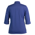 Back of a navy blue, short-sleeved button-up shirt with Maserati debossed custom buttons and a logo on the back nape.