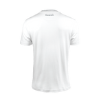 Back of white unisex T-shirt with a large dark Maserati trident logo printed on the chest.