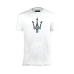White unisex T-shirt with a large dark Maserati trident logo printed on the chest.