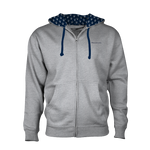 Gray hoodie with blue drawstrings