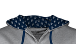 Gray hoodie with navy blue hood featuring a pattern on a white background