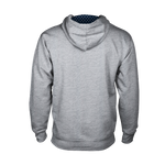 Back view of Gray hoodie with a textured hood 