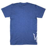 Back of Blue t-shirt with a white logo on the side