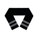 A black waffle knit scarf with dark gray stripes and a white trident logo on a black woven tag.