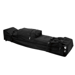 Large black carrying bag with zippers and straps, designed for transporting a collapsible canopy tent and frame.