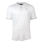 A men's short-sleeve white henley with a V-neck collar, featuring an embroidered Maserati Trident on the left chest and navy blue contrast piping on the sleeve openings.