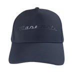 A navy structured, five-panel embossed cap with a Maserati script logo on the front and a Trident logo on the left side.