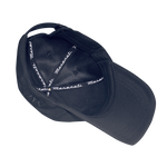 Inside view of a navy structured, five-panel embossed cap with a Maserati script logo on the front and a Trident logo on the left side.