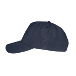 Side view of navy structured, five-panel embossed cap with a Maserati script logo on the front and a Trident logo on the left side.