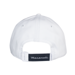Back view of a white baseball cap with adjustable strap and black tab embroidered with the Maserati logo.
