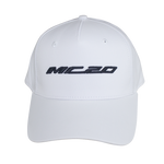 White baseball cap with black embroidered text reading MC20 on the front.