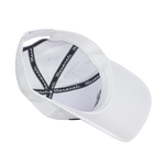 Inside view of a white baseball cap with black inner lining strips printed with the Maserati logo.