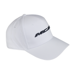 Side view of a White baseball cap with black embroidered text reading MC20 on the front.